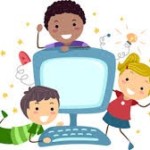 A cartoon of children playing on and around a computer