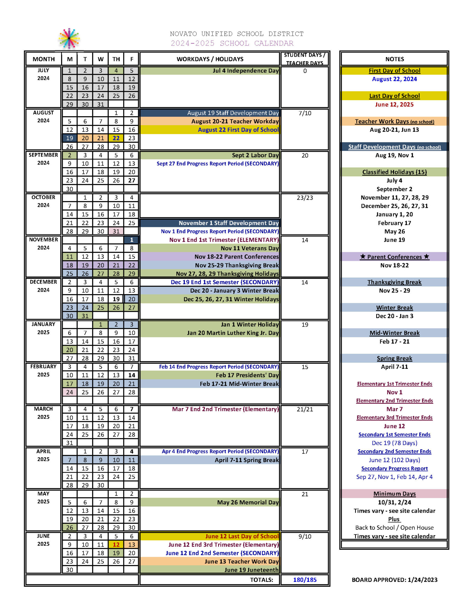 2024-2025 School Calendar